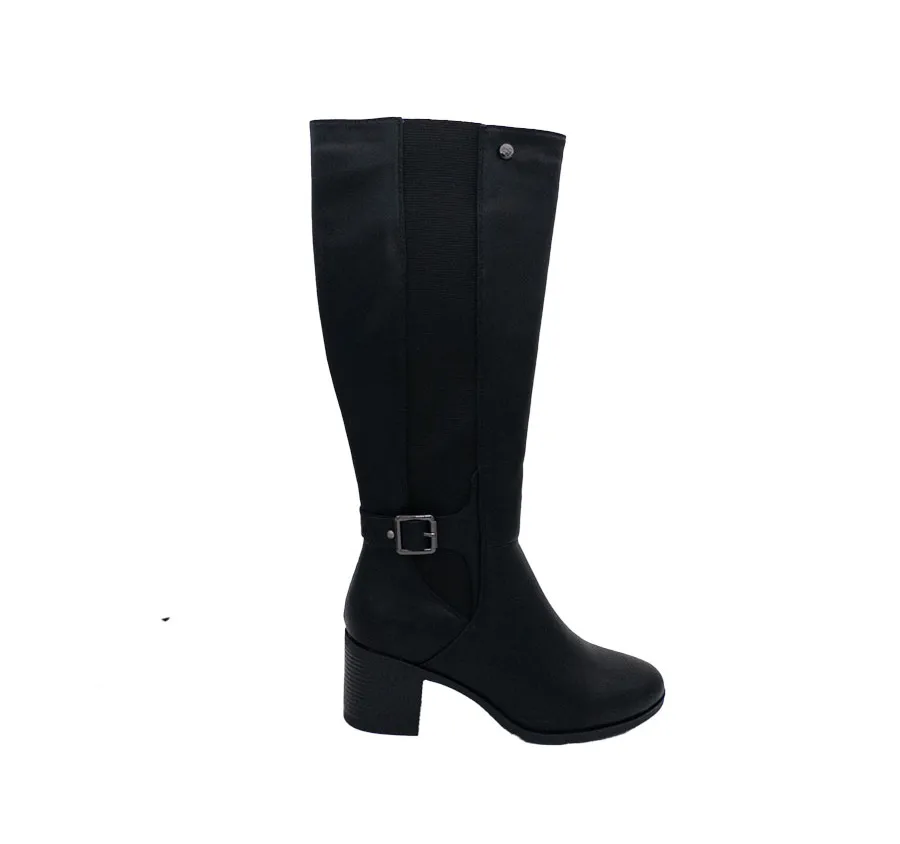BOTA ALTA AMARPIES AHG22538 CUÑA CREMALLERA Y ELÁSTICO LATERAL POLIPIEL NEGRO CÓMODA PARA MUJER ADORNO HEBILLA 28199