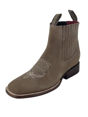 Botines Charros de Gamuza Punta Cuadrada Arena con Medallon