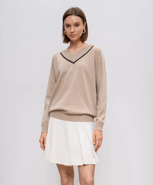 Brunello Cucinelli Beige cashmere pullover with monil chain