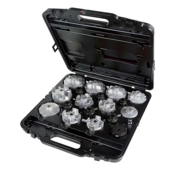 Juego de 18 vasos para filtros de aceite, en maleta de plástico