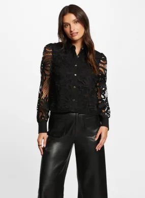 MORGAN COSLAX - Top con cuello camisero de encaje en negro