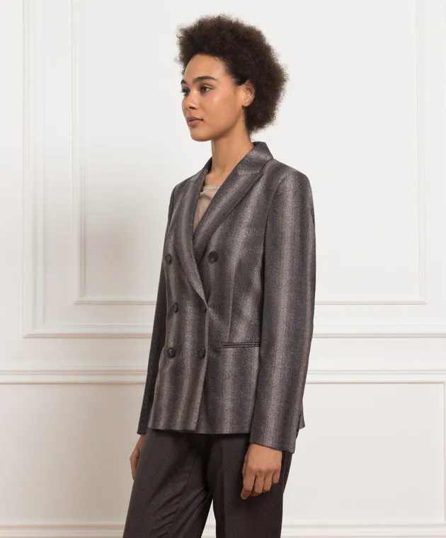Peserico Dark gray double-breasted jacket in striped wool with lurex