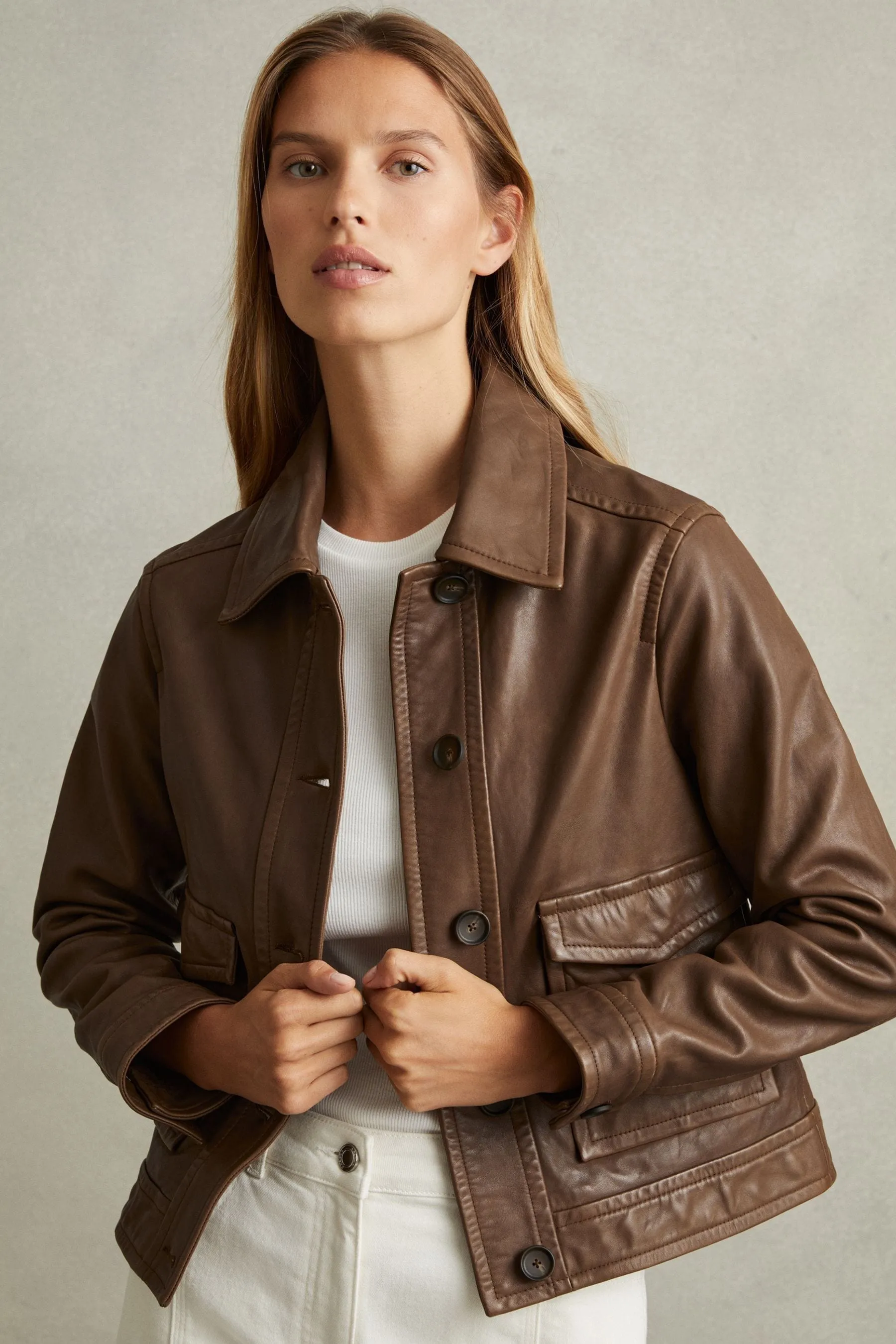 Reiss Hanson Leather Trucker Jacket